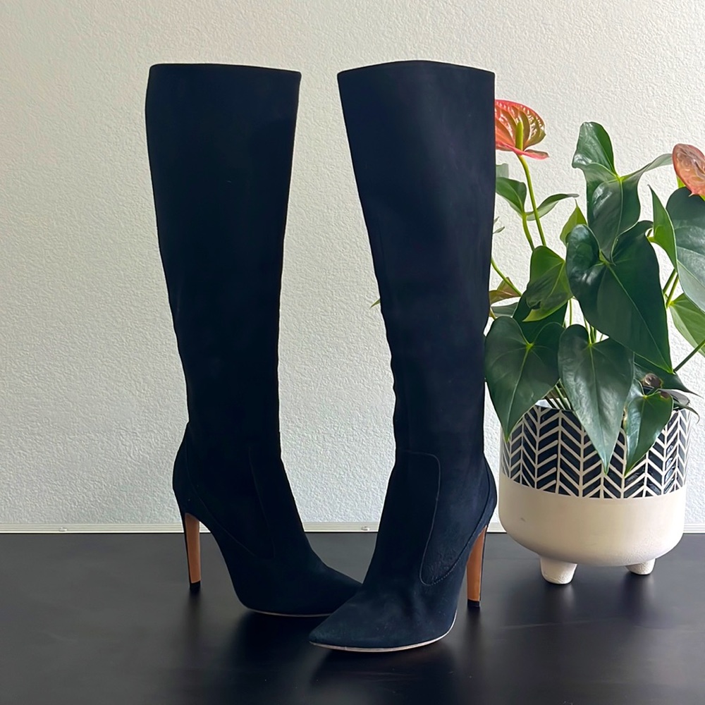 Herve Leger Black Suede knee high heel boots
